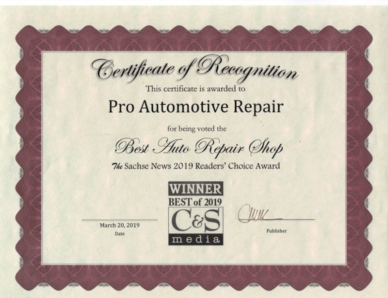 Best Auto Repair Shop 2019 - Sachse News Readers Choice Award