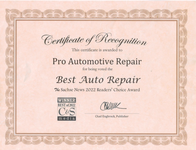 Best Auto Repair Shop 2022 - Sachse News Readers Choice Award