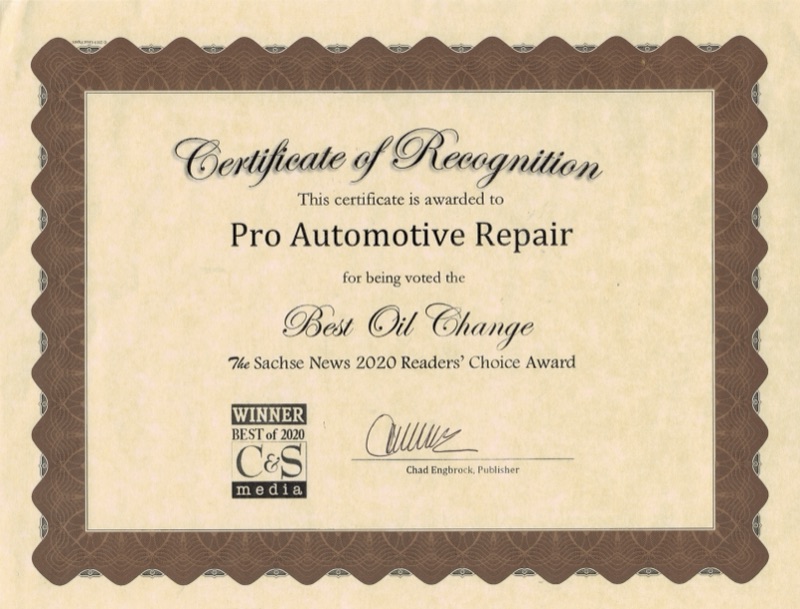 Best Oil Change 2020 - Sachse News Readers Choice Award